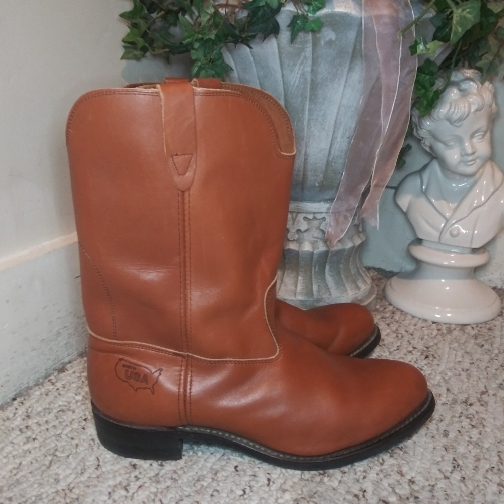 Men's Brown Heavy Duty Leather Western Style Made In USA Work Boots